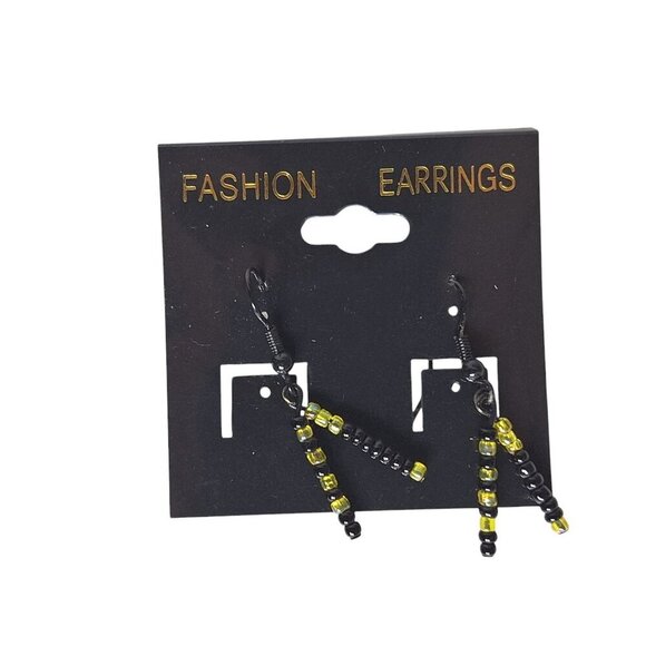 Black Yellow Seed Bead Dangle Drop Tassel Earrings Womens Costume Jewelry - Picture 1 of 2